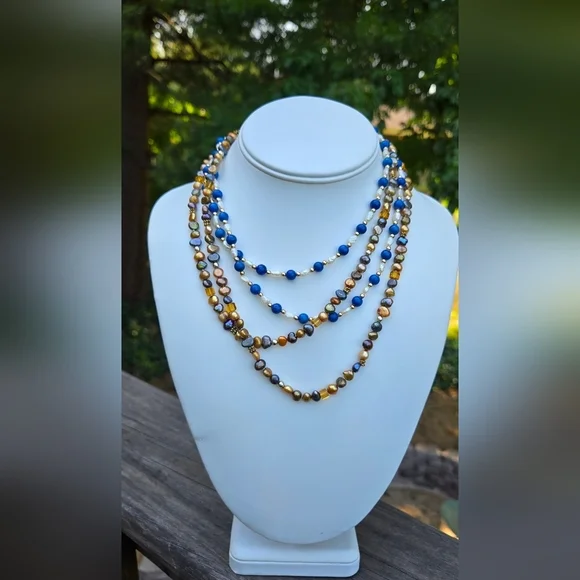 Blue Gemstone White Rice Pearl Gold Purple Peaco Pearl Beaded Necklace Bundle - Picture 9 of 16